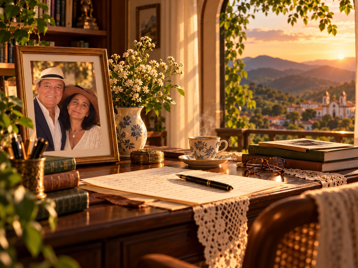 Cena literária com fotografia do casal emoldurada sobre uma escrivaninha ao entardecer